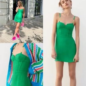 Zara Green Chain Strapped linen Mini Dress NWOT Size Small